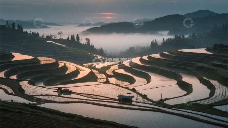 高清大图下载【趣麦麦图】日出时分云雾缭绕的梯田景观