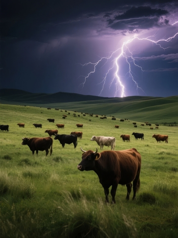 雷电交加的田野中牛群在暴风雨下