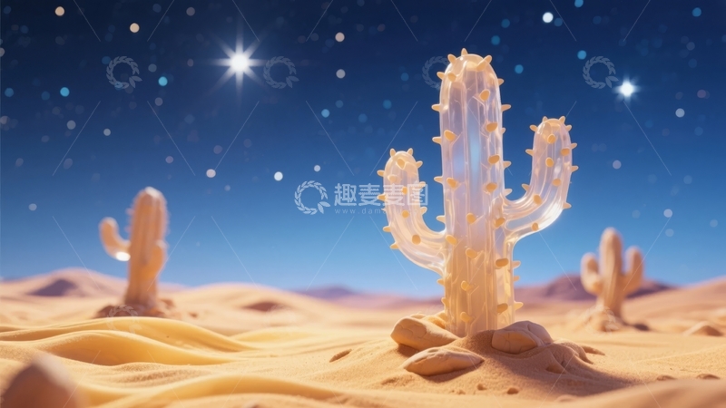 高清大图下载【趣麦麦图】星空下的沙漠中透明仙人掌景观