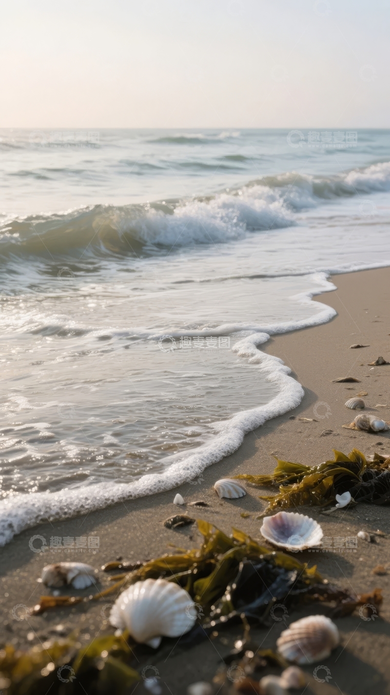 高清大图下载【趣麦麦图】海滩浪花轻拍沙滩贝壳点缀自然美景