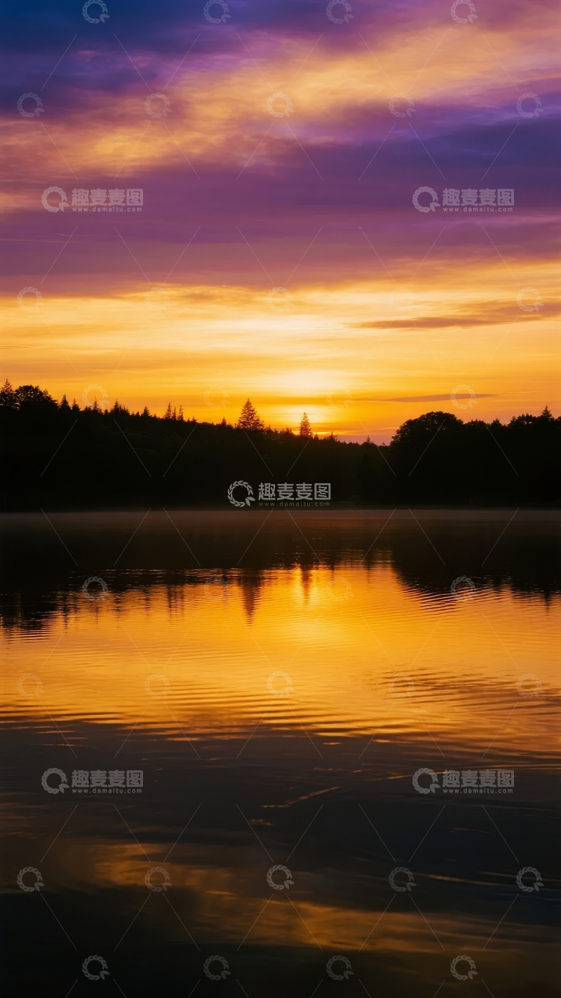 高清大图下载【趣麦麦图】日落时分湖面平静水面倒映绚丽天空