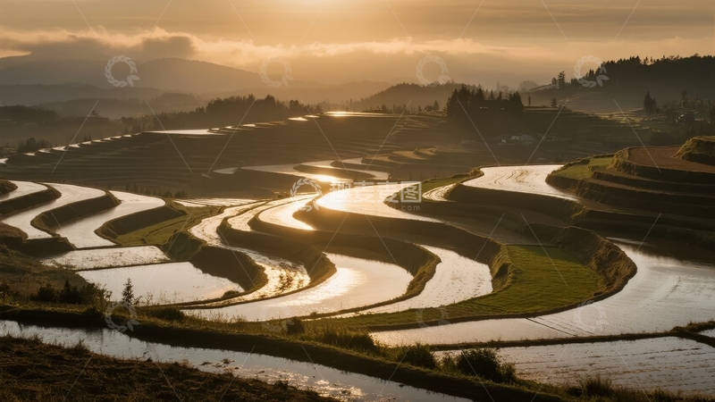 高清大图下载【趣麦麦图】日出时分梯田水渠波光粼粼层叠美景