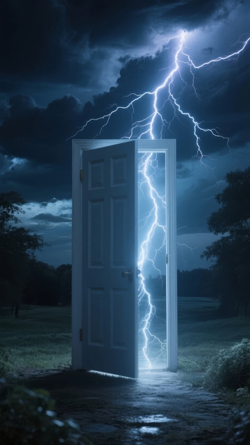 闪电穿过敞开的门照亮黑暗夜空