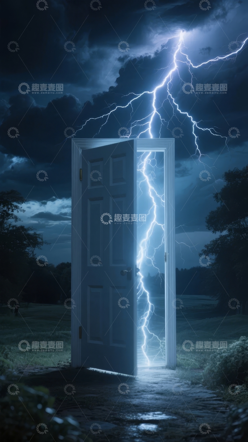 高清大图下载【趣麦麦图】闪电穿过敞开的门照亮黑暗夜空