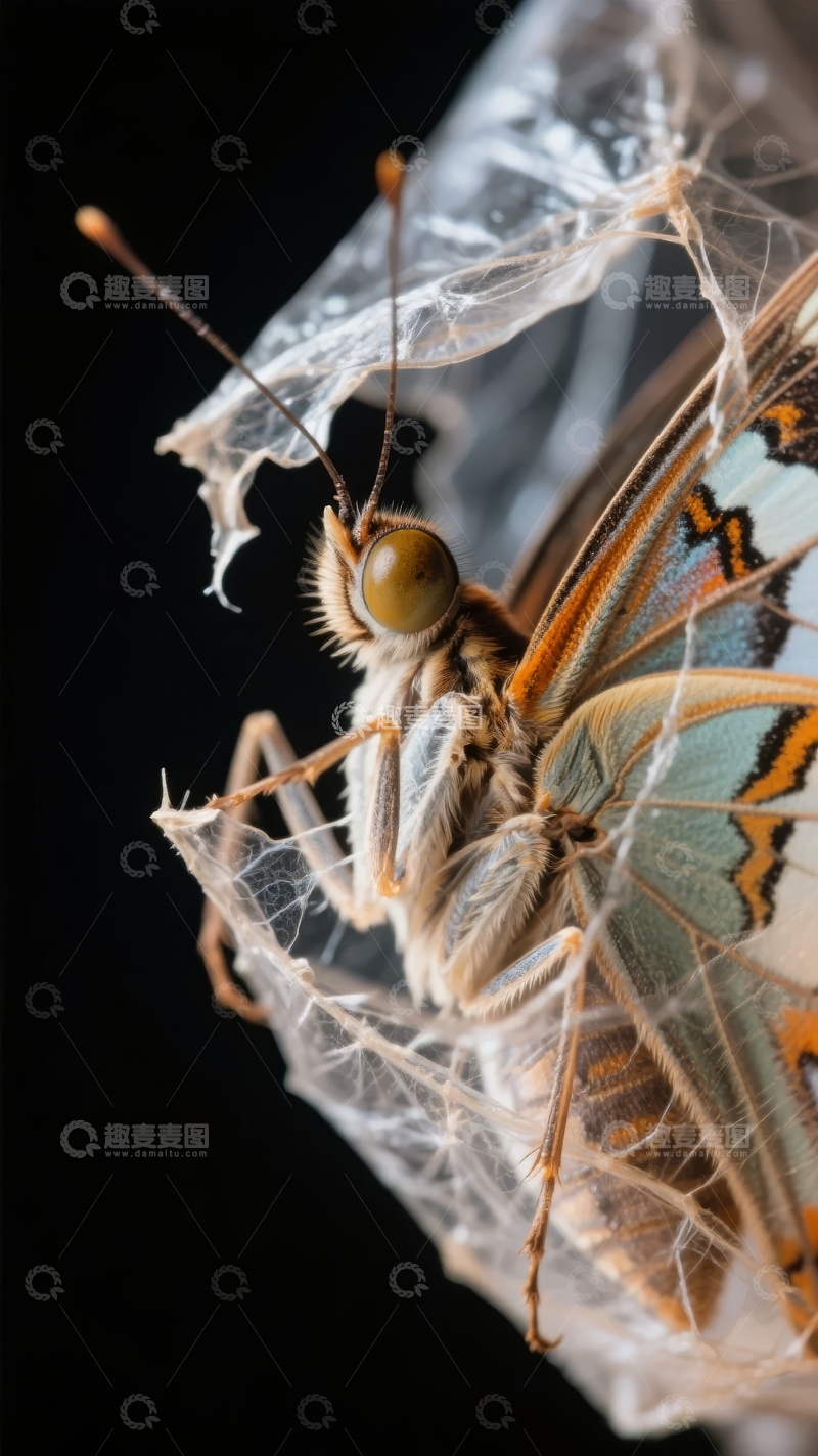 高清大图下载【趣麦麦图】蝴蝶被困于塑料袋中细节特写