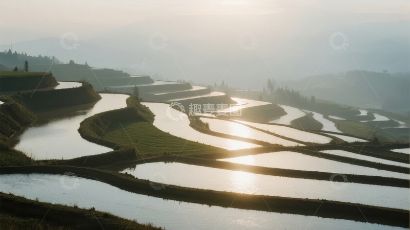 高清大图下载【趣麦麦图】晨曦中的梯田水光粼粼层叠起伏