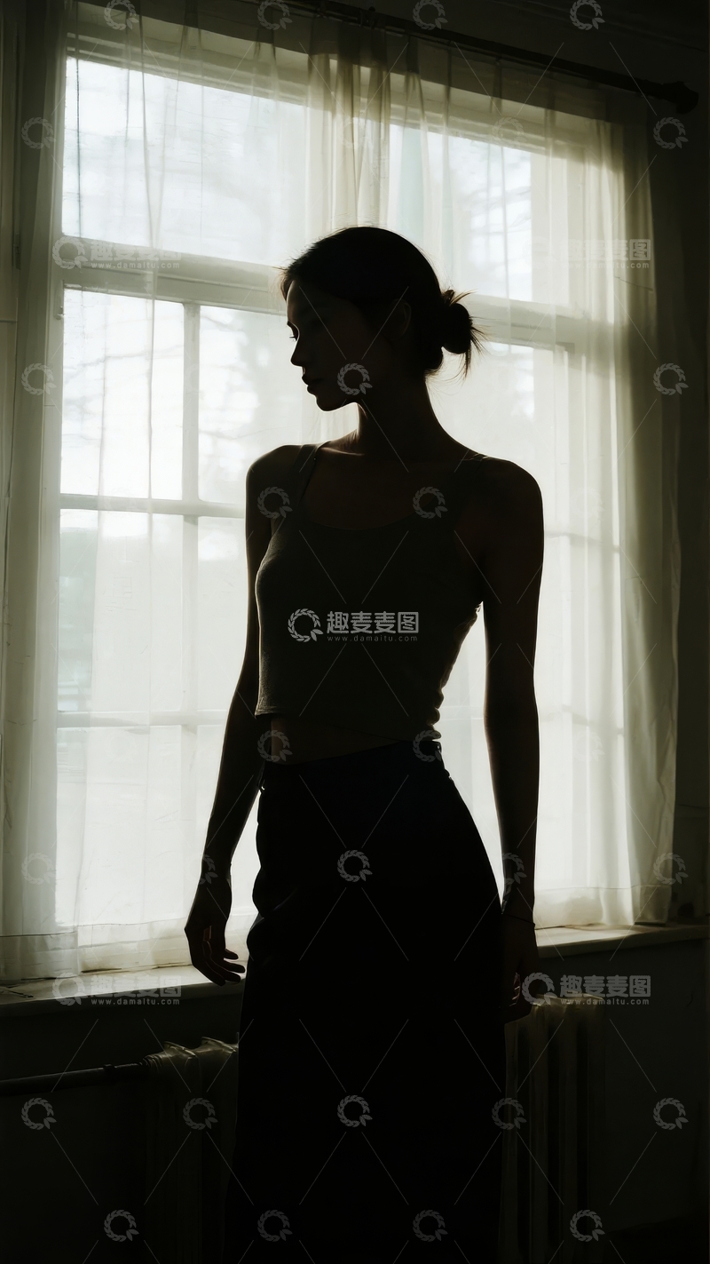 窗边女子剪影静立姿态优雅
