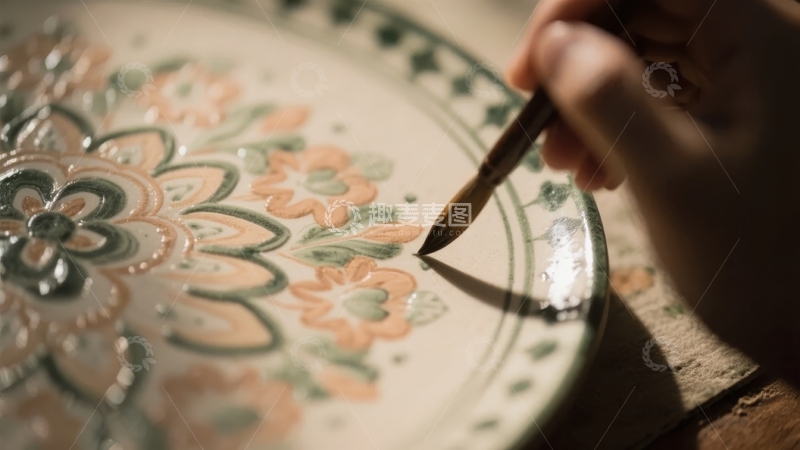 高清大图下载【趣麦麦图】手绘陶瓷盘上的花卉图案细节