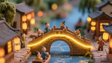 微型景观中灯光映照下的拱桥与小船