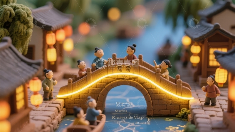 高清大图下载【趣麦麦图】微型景观中灯光映照下的拱桥与小船