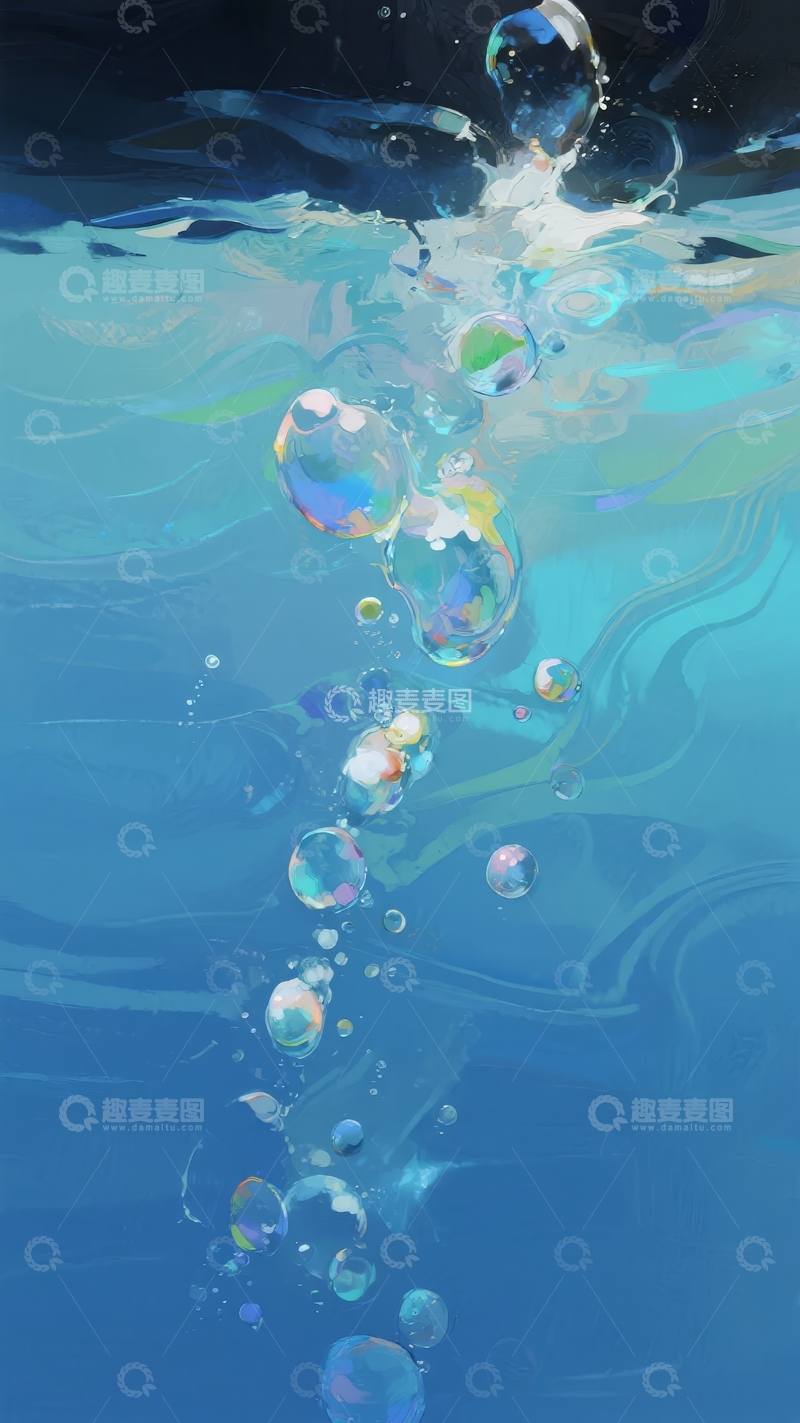 高清大图下载【趣麦麦图】蓝色水下气泡上升的动态艺术画面