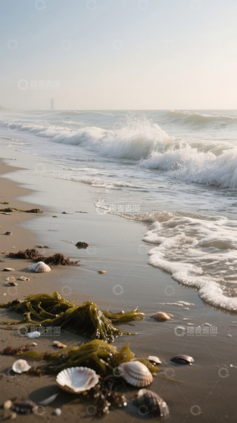 高清大图下载【趣麦麦图】海滩上波浪轻拍贝壳与海藻