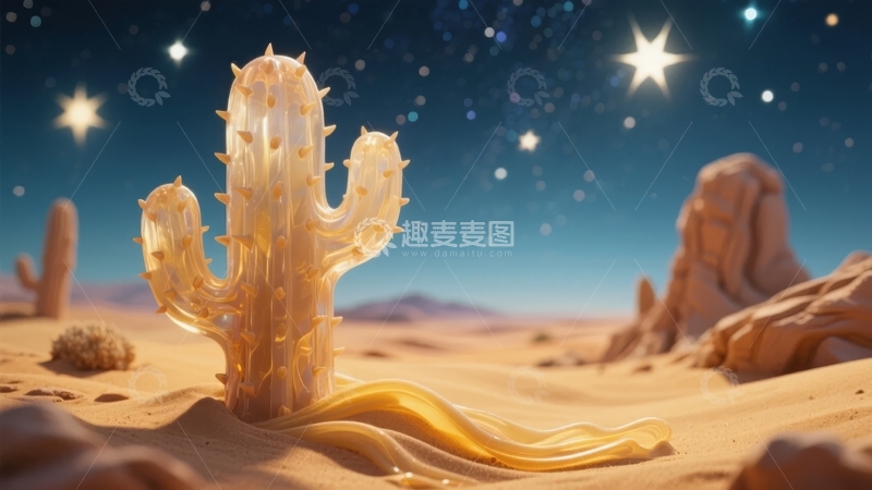 高清大图下载【趣麦麦图】沙漠夜空下的透明仙人掌艺术景观