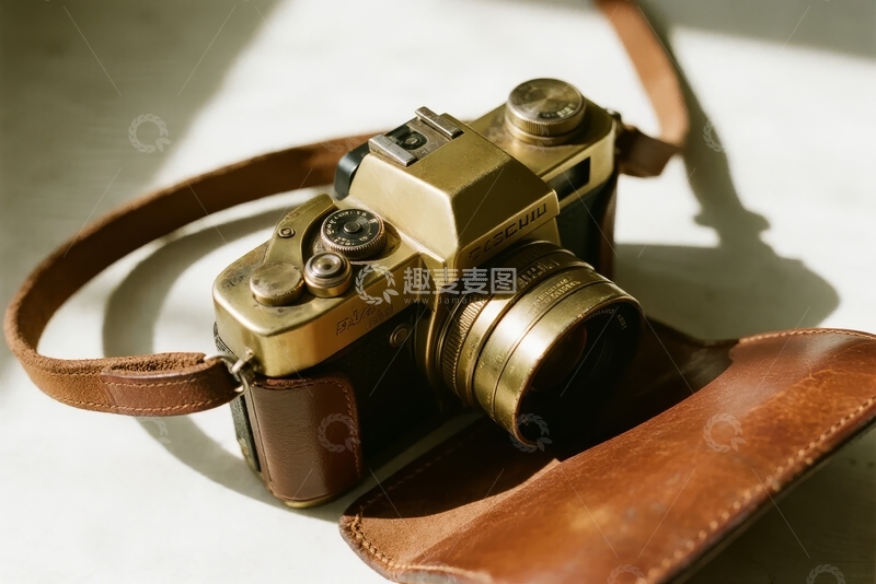 高清大图下载【趣麦麦图】金色复古相机置于皮革包上光影交错
