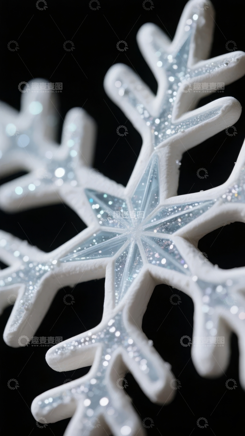 高清大图下载【趣麦麦图】雪花特写镜头展示精致六角结构与闪烁光泽