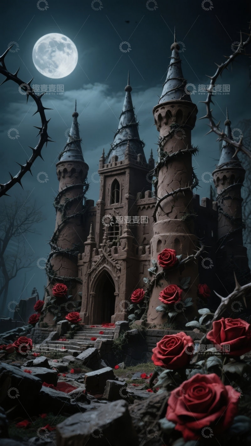 高清大图下载【趣麦麦图】-满月下的玫瑰与荆棘缠绕的神秘城堡