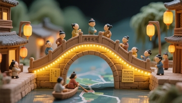 灯光璀璨的拱桥下小船穿梭古风建筑群