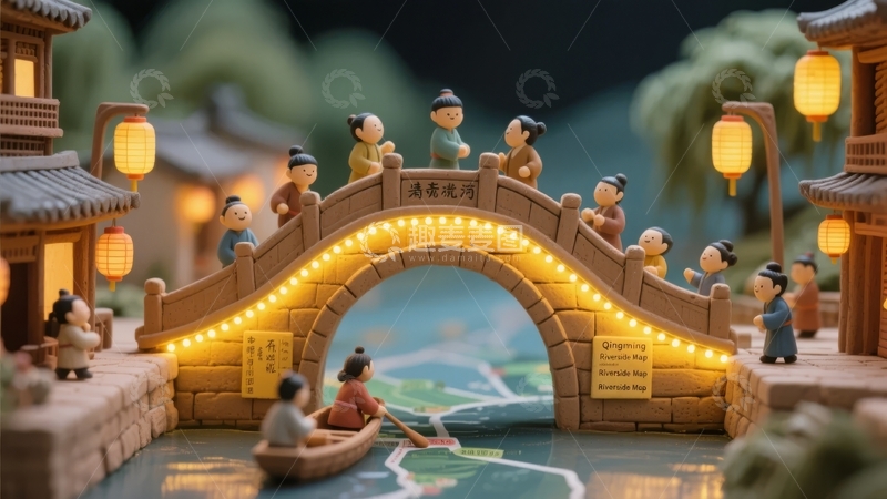 高清大图下载【趣麦麦图】灯光璀璨的拱桥下小船穿梭古风建筑群