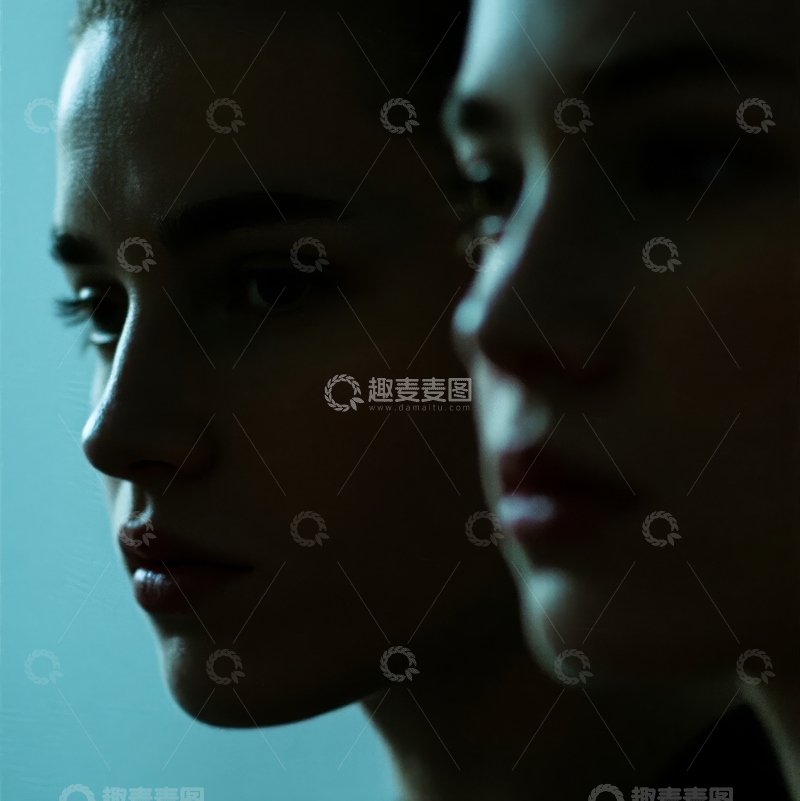 高清大图下载【趣麦麦图】两位女性侧脸在蓝色光影下的细腻特写