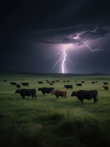 雷电交加的田野里牛群静立