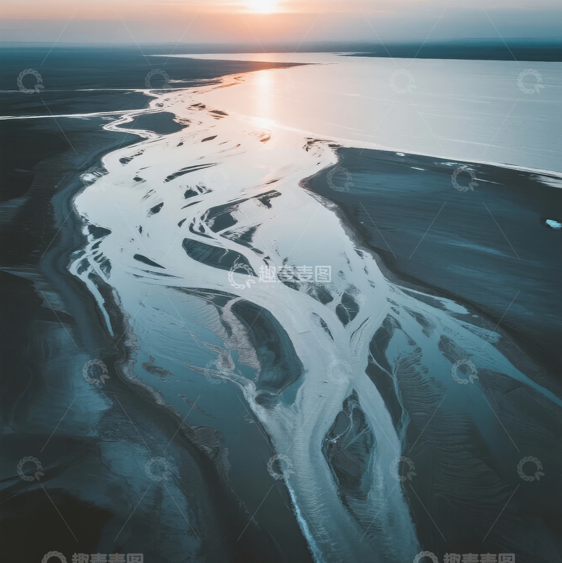 高清大图下载【趣麦麦图】日落时分河流入海口的壮丽航拍景象