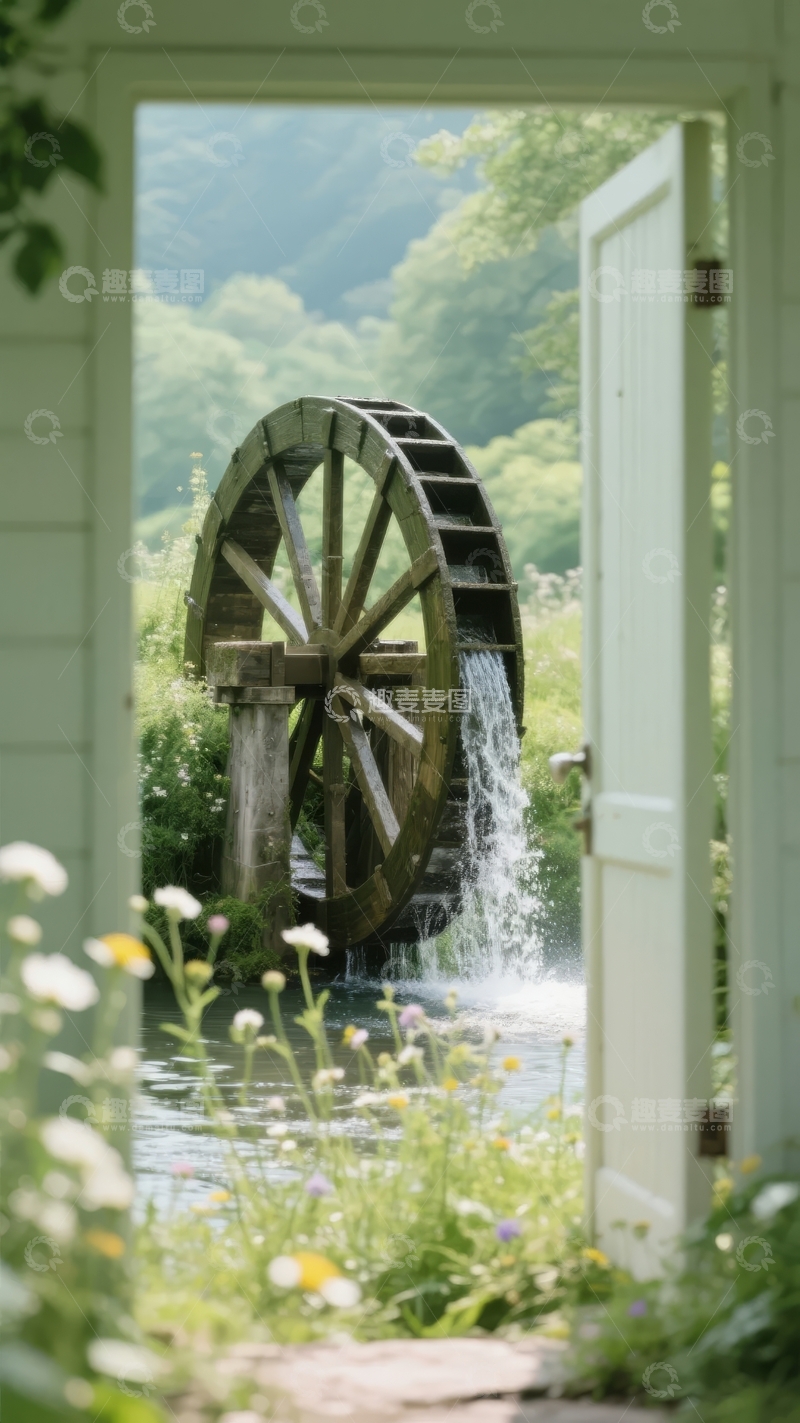 高清大图下载【趣麦麦图】木制水车在绿树环绕的户外场景中运转