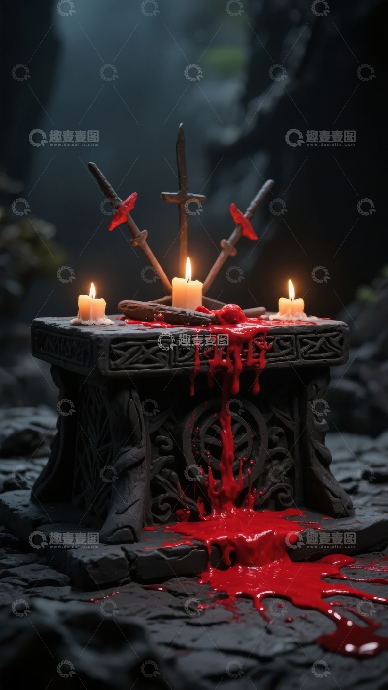 高清大图下载【趣麦麦图】石桌上烛光与血迹交织的神秘仪式场景