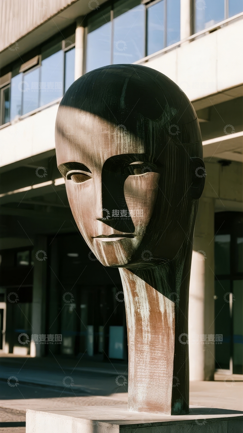 高清大图下载【趣麦麦图】现代建筑前的抽象人脸雕塑光影交错