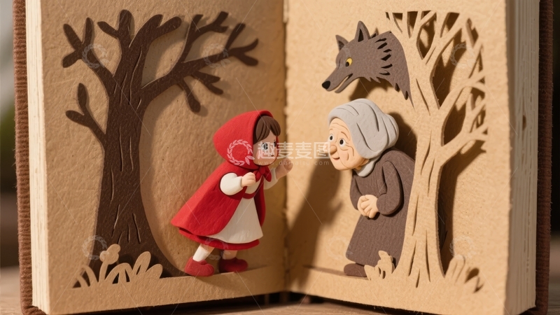 高清大图下载【趣麦麦图】立体书插图展示小红帽与外婆及狼的场景