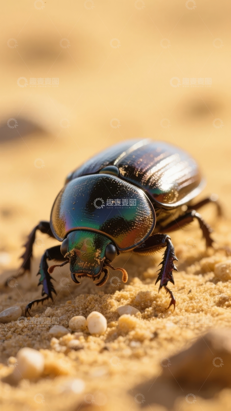 一只闪耀着金属光泽的甲虫在沙地上爬行