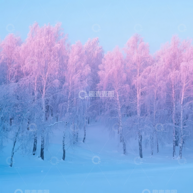 高清大图下载【趣麦麦图】冬季雪景中粉紫色树木与蓝天相映成趣