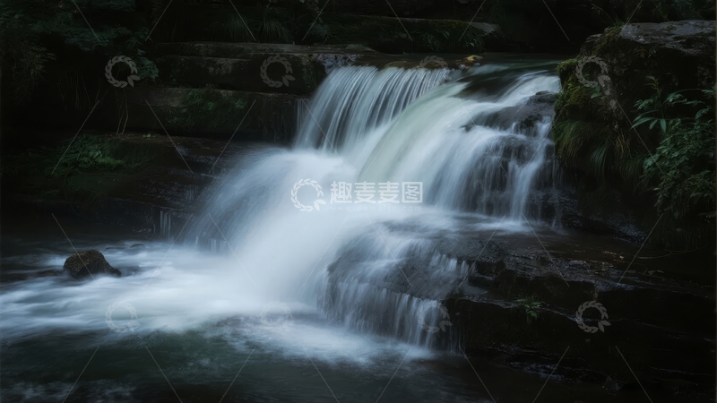 高清大图下载【趣麦麦图】山间岩石瀑布水流潺潺自然景观