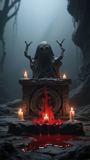 幽暗洞穴中骷髅雕像前的神秘祭坛