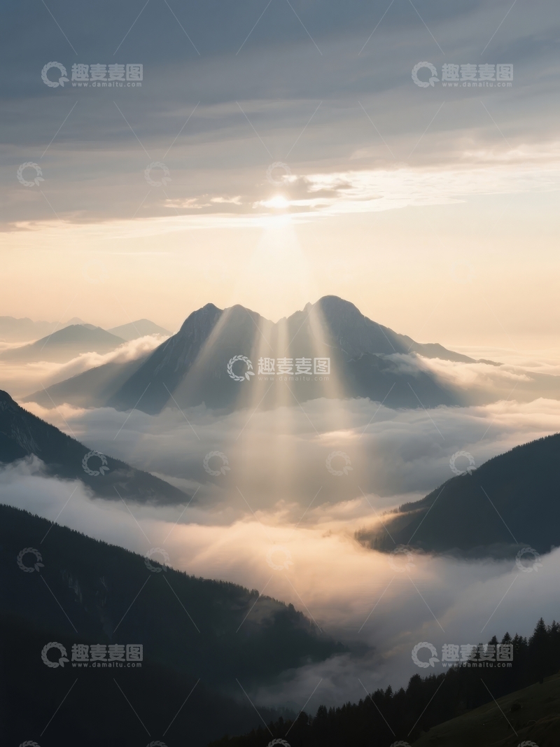 高清大图下载【趣麦麦图】日出时分山峰穿透云海阳光洒落壮丽自然景观