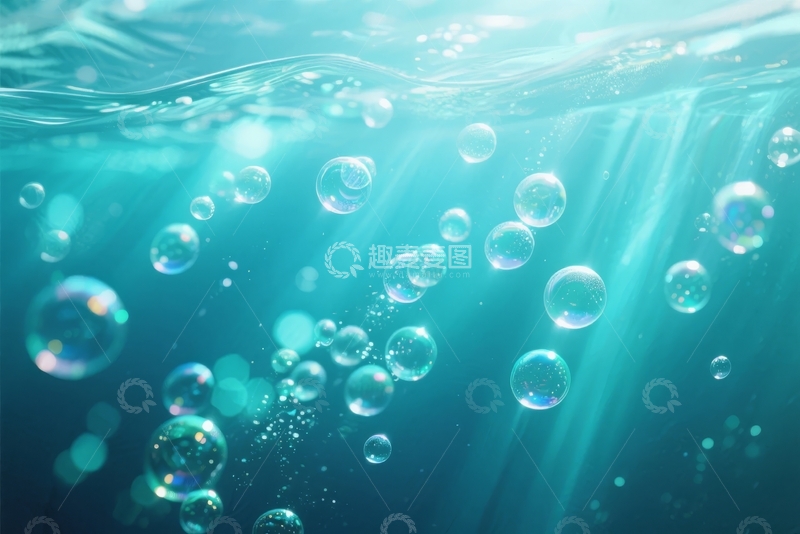 高清大图下载【趣麦麦图】水下气泡与光线交织的蓝色梦幻场景