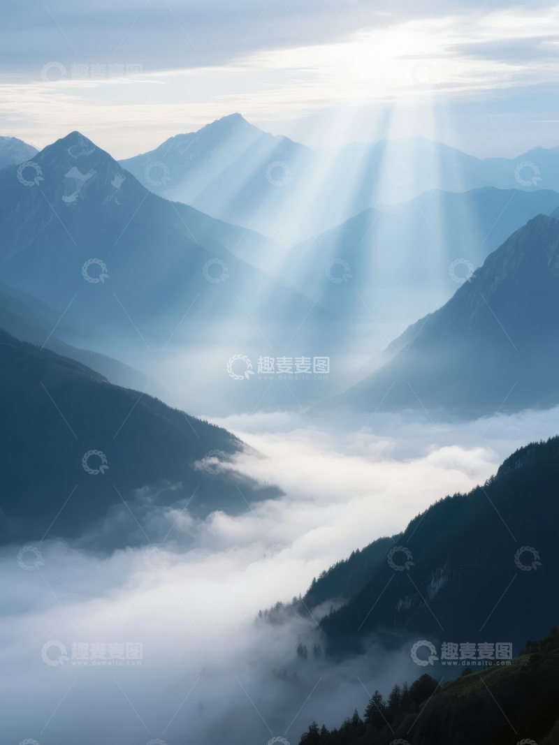 高清大图下载【趣麦麦图】晨曦山峦云海缭绕壮丽自然景观