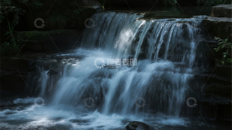 高清大图下载【趣麦麦图】夜晚灯光下的瀑布流水潺潺