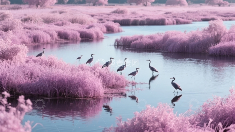 高清大图下载【趣麦麦图】粉色植被环绕的河流中鹤群悠然漫步