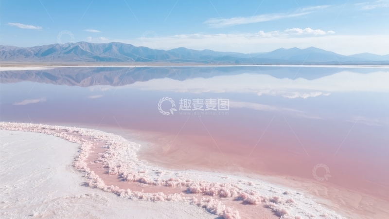 高清大图下载【趣麦麦图】粉红色盐湖与远山倒影的宁静自然景观