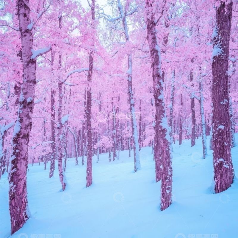 高清大图下载【趣麦麦图】粉红色雪林中的梦幻冬日景象
