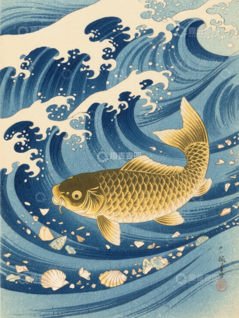 高清大图下载【趣麦麦图】波涛汹涌的海浪中游动的锦鲤鱼