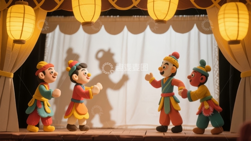 高清大图下载【趣麦麦图】四个穿着传统服饰的卡通人物在舞台上表演