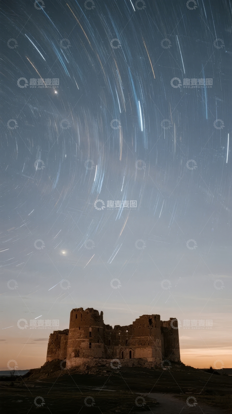 高清大图下载【趣麦麦图】夜空下城堡与星轨交织的壮丽景象