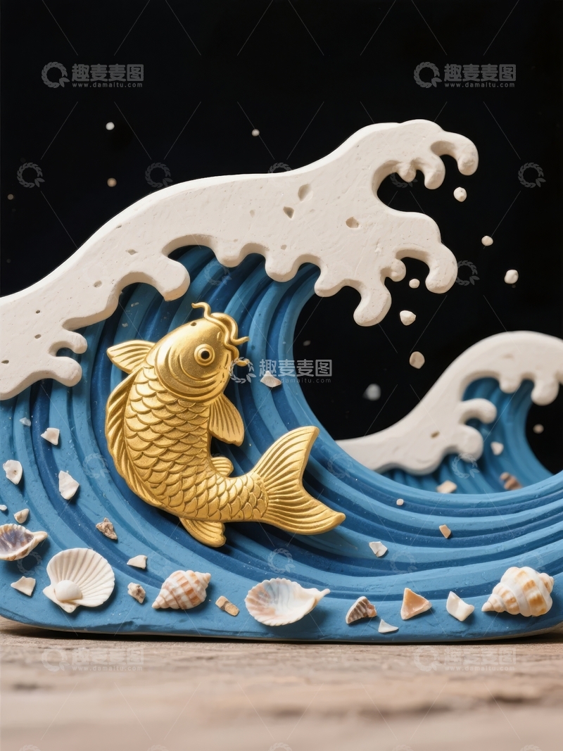 高清大图下载【趣麦麦图】蓝色波浪中游动的金色锦鲤与贝壳装饰