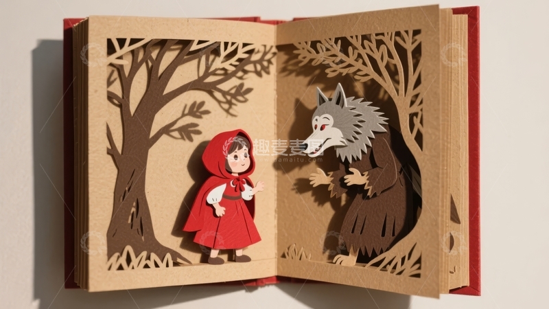 高清大图下载【趣麦麦图】立体书展示小红帽与狼的对峙场景