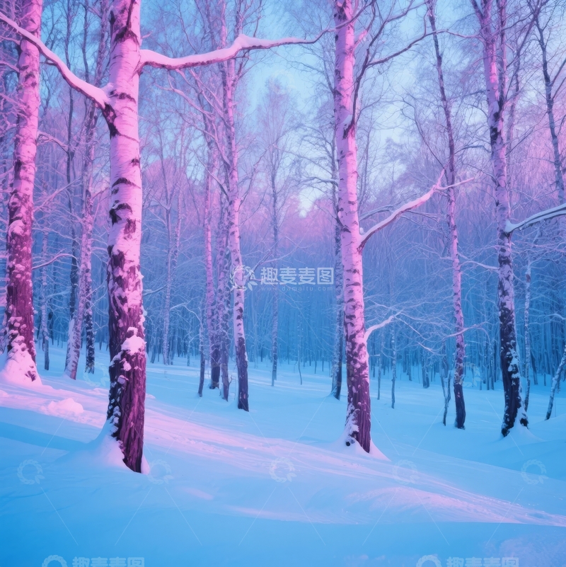 高清大图下载【趣麦麦图】雪覆树林冬日晨光蓝紫交织静谧美景