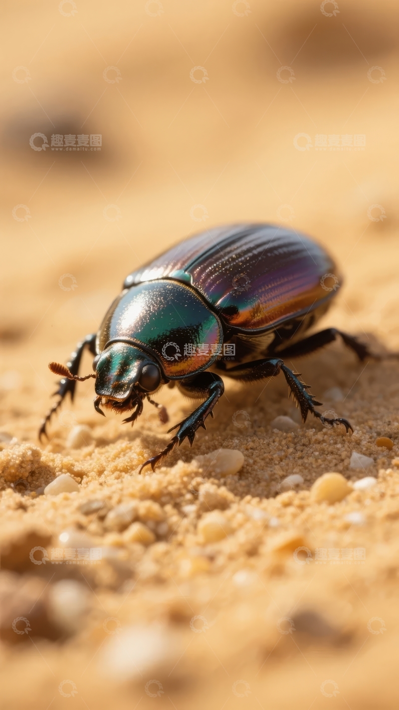 高清大图下载【趣麦麦图】一只色彩斑斓的甲虫在沙地上爬行