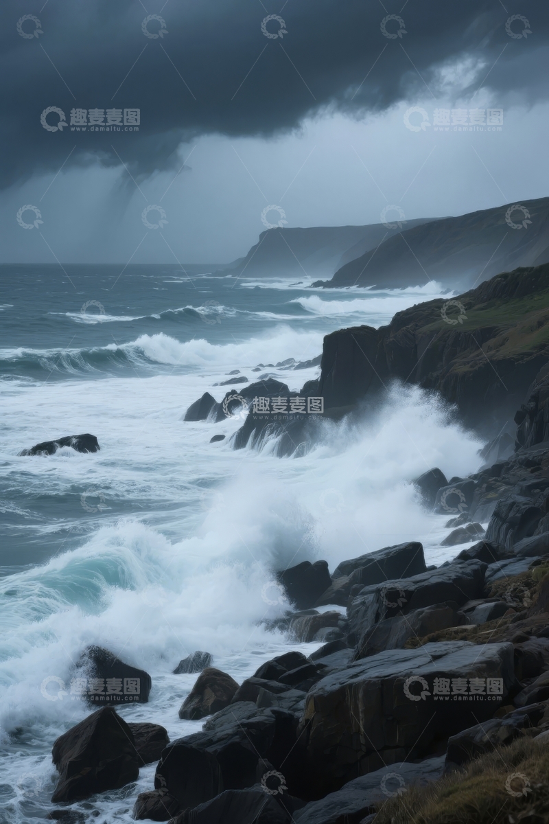 高清大图下载【趣麦麦图】暴风雨海岸岩石激浪拍打