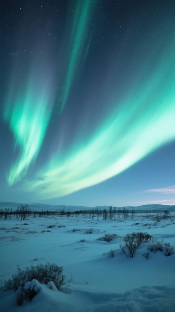 夜空中绚丽的绿色北极光覆盖雪地景观