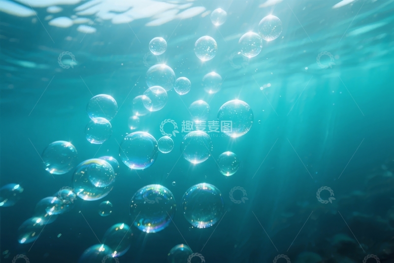 高清大图下载【趣麦麦图】水下气泡在清澈蓝水中上升的景象